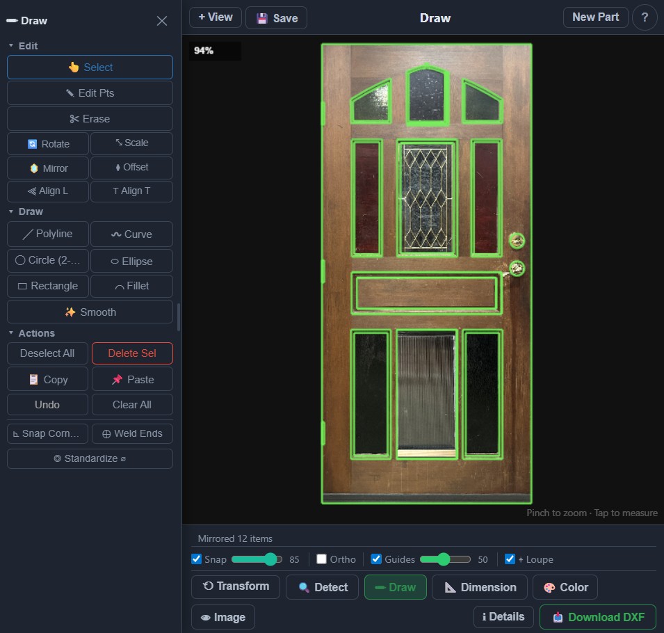 LensCAD geometry traced over a Victorian door